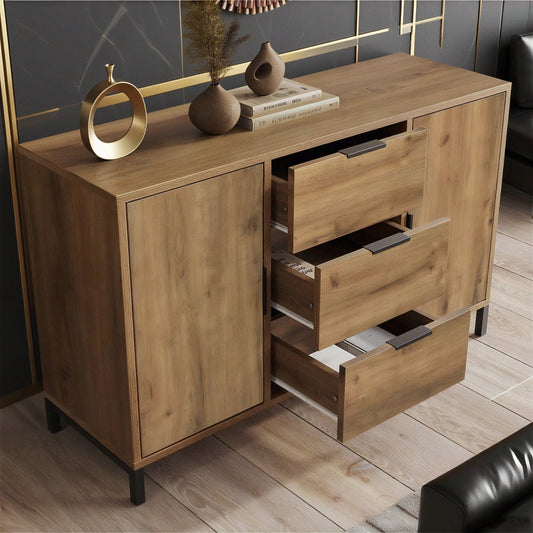 Kommode mit 2 Türen und 3 Schubladen, 120 x 40 x 76 cm in Dunkle Eiche, Verstellbare Ablage, Sideboard Highboard für Schlafzimmer & alle Wohnräume