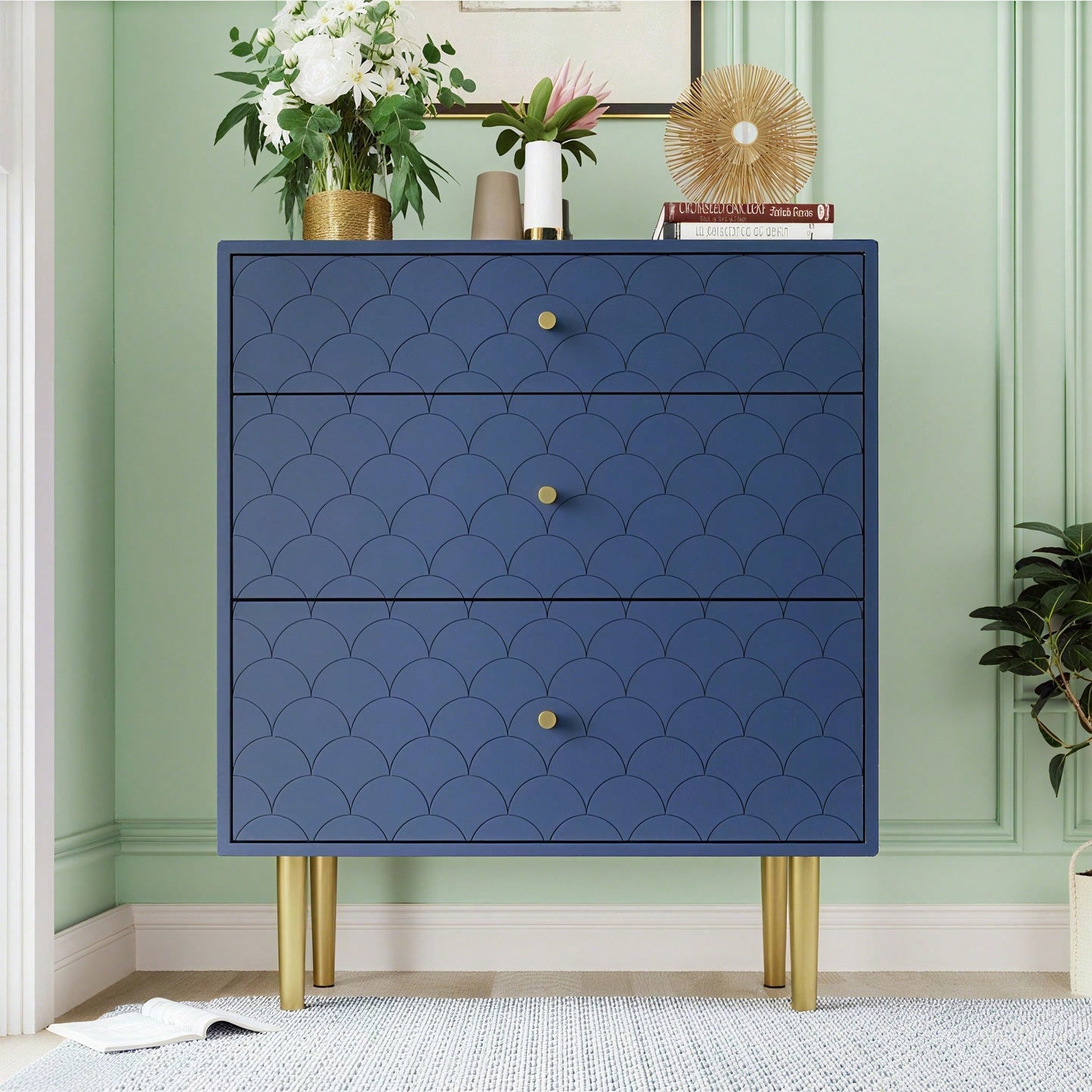 Schubladenkommode Kommode mit 3 Schubladen, Sideboard Highboard für Schlafzimmer & alle Wohnräume,Marineblau-H89/B75/T40 cm