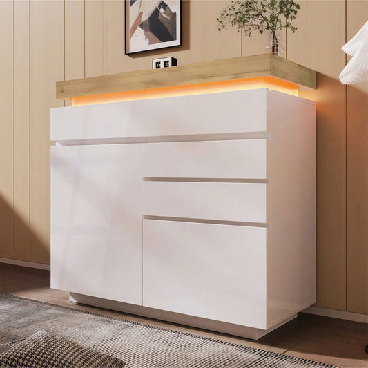 Kommode, Hochglanz Sideboard mit 2 Türen und 3 Schubladen, LED Beleuchtung (App Control), Mehrzweckschrank für Wohnzimmer und Schlafzimmer, 115 x 110 x 39 cm, Weiß