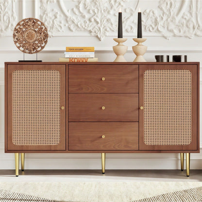 Kommode mit 2 Türen und 3 Schubladen, Rattan Türkommoden mit Schubkasten, Verstellbare Ablage, für Wohnzimmer Schlafzimmer, Nussbaum-H90/B150/T40 cm