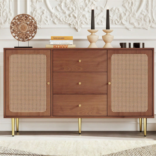 Kommode mit 2 Türen und 3 Schubladen, Rattan Türkommoden mit Schubkasten, Verstellbare Ablage, für Wohnzimmer Schlafzimmer, Nussbaum-H90/B150/T40 cm