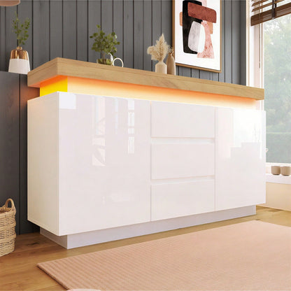 Kommode, Hochglanz Sideboard mit 2 Türen und 3 Schubladen, LED Beleuchtung (App Control), Mehrzweckschrank für Wohnzimmer und Schlafzimmer, 81 x 140 x 39 cm, Weiß