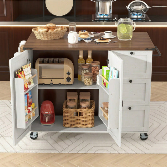 Kücheninsel, Servierwagen mit ausziehbarer Arbeitsplatte, Küchenschrank,Küchentrolley,Speisewagen mit Holzmaserung, Speisewagen mit zwei Türen und drei Schubladen