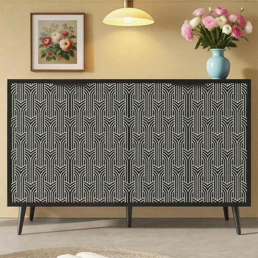 Esszimmerschrank (120*35*78cm), Esszimmer- und Wohnzimmer-Aufbewahrungsschrank, einzigartiges Schranktürdesign, freistehender Schrank, Antidumping, Fischgrätenmuster, geschnitzte Tür, schwarz