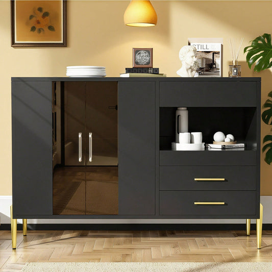Leichtes, luxuriöses, modernes Sideboard mit eleganter, tealfarbener Glastür, Griffe aus Kristall-Acryl für Esszimmer und Wohnzimmer, galvanisierte, goldene Eisenbeine, schwarzer Korpus