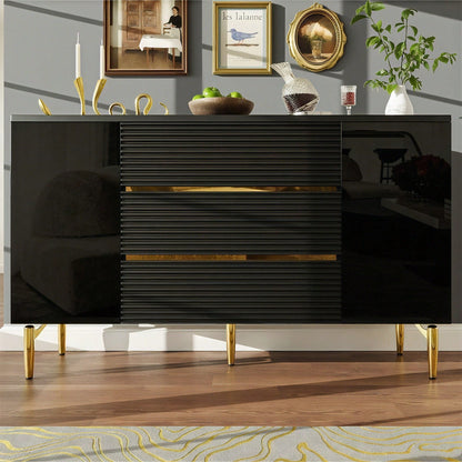 Kommode, Schwarzer Esszimmerschrank, Einfach Und Modern, Geeignet Für Schlafzimmer, Wohnzimmer, Esszimmer, Kariertes Schubladentürdesign, Glänzende Goldverzierung, Dreischichtige Schublade