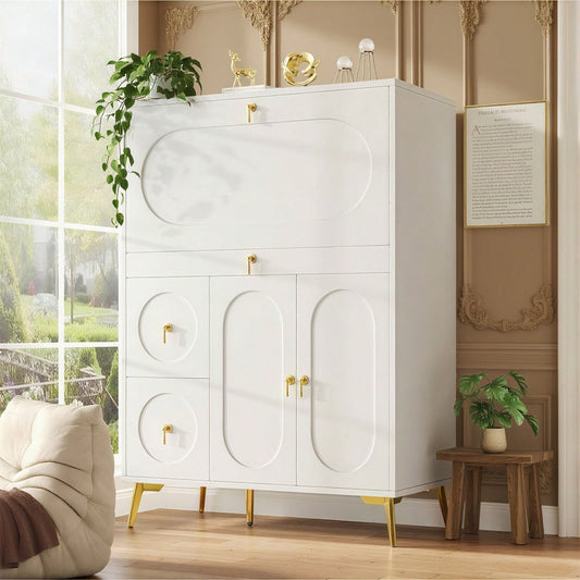Küchenschrank (100*50*140cm), Vorratsschrank, Esszimmerschrank für Küche, Esszimmer und Wohnzimmer, Modernes Sideboard mit Falttüren, Schlicht und modern, Multifunktionaler Stauraum, Weiß