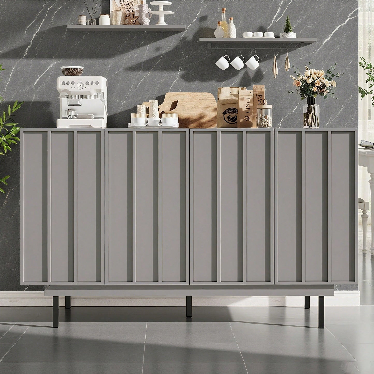 Esszimmerschrank (140*38,5*82,5cm), Esszimmer-Wohnzimmer-Aufbewahrungsschrank, einzigartiges Design, Schranktürdesign, freistehender Schrank, Minimalistisches Sideboard,Schwarz