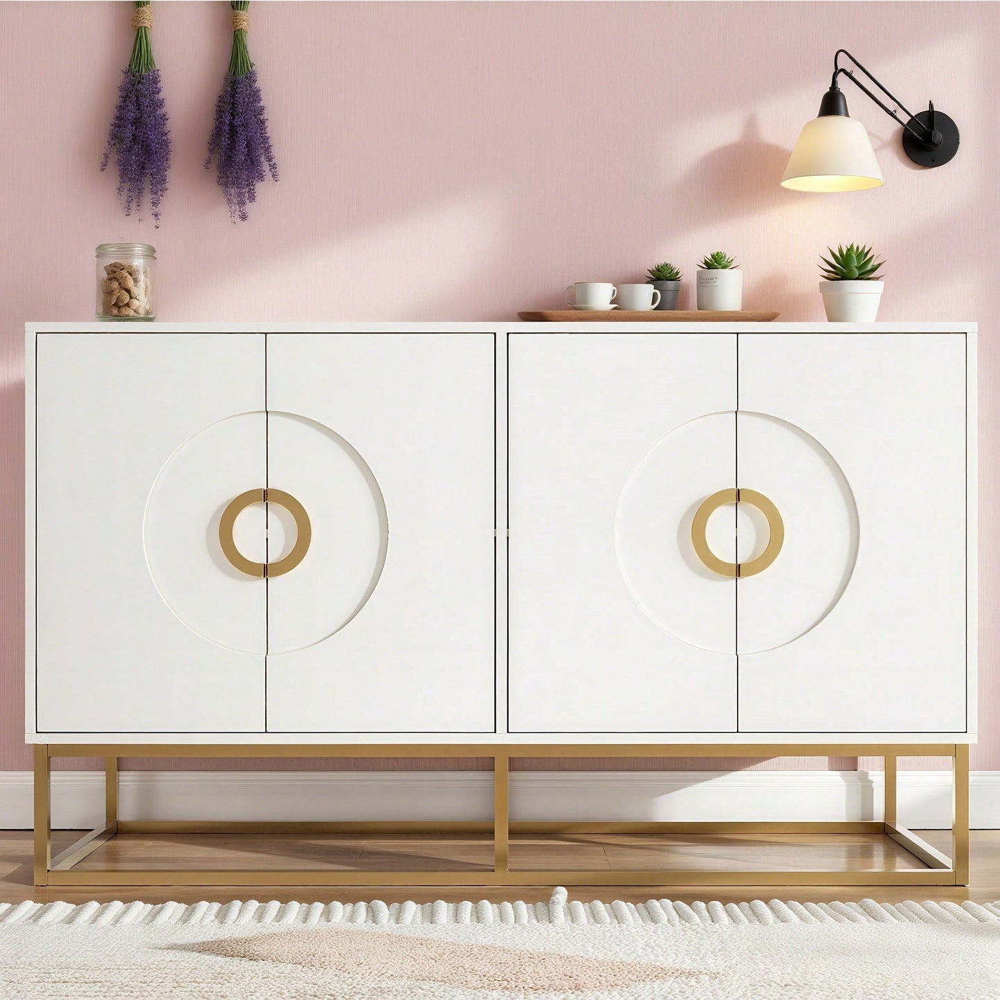Aufbewahrungsschrank, einzigartiges Design, Schranktürdesign, freistehender Schrank, Minimalistisches Sideboard,Rundzugring Schranktür,weiß