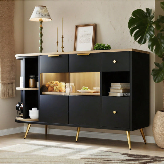 Sideboard Esszimmer Wohnzimmer Aufbewahrungsschränke mit Glasschiebetüren und LED-Leuchten Holzanrichte Freistehende Schränke Buffetschränke Küchenmöbel Schwarz