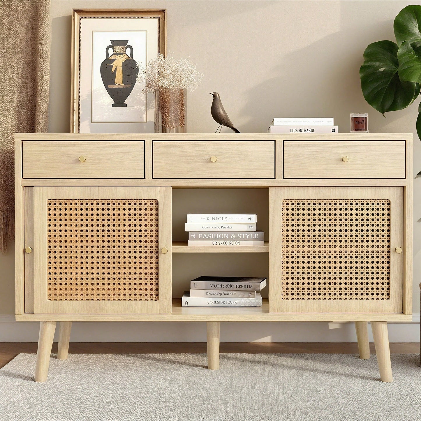 Sideboard, Kommode mit 3 Schubladen und 3 Schiebetüren, Rattangeflecht auf den Türfronten, Beine aus massivem Holz, Golden Metall Bügelgriff,verstellbare Ablagen,Eiche,120x 40x78cm