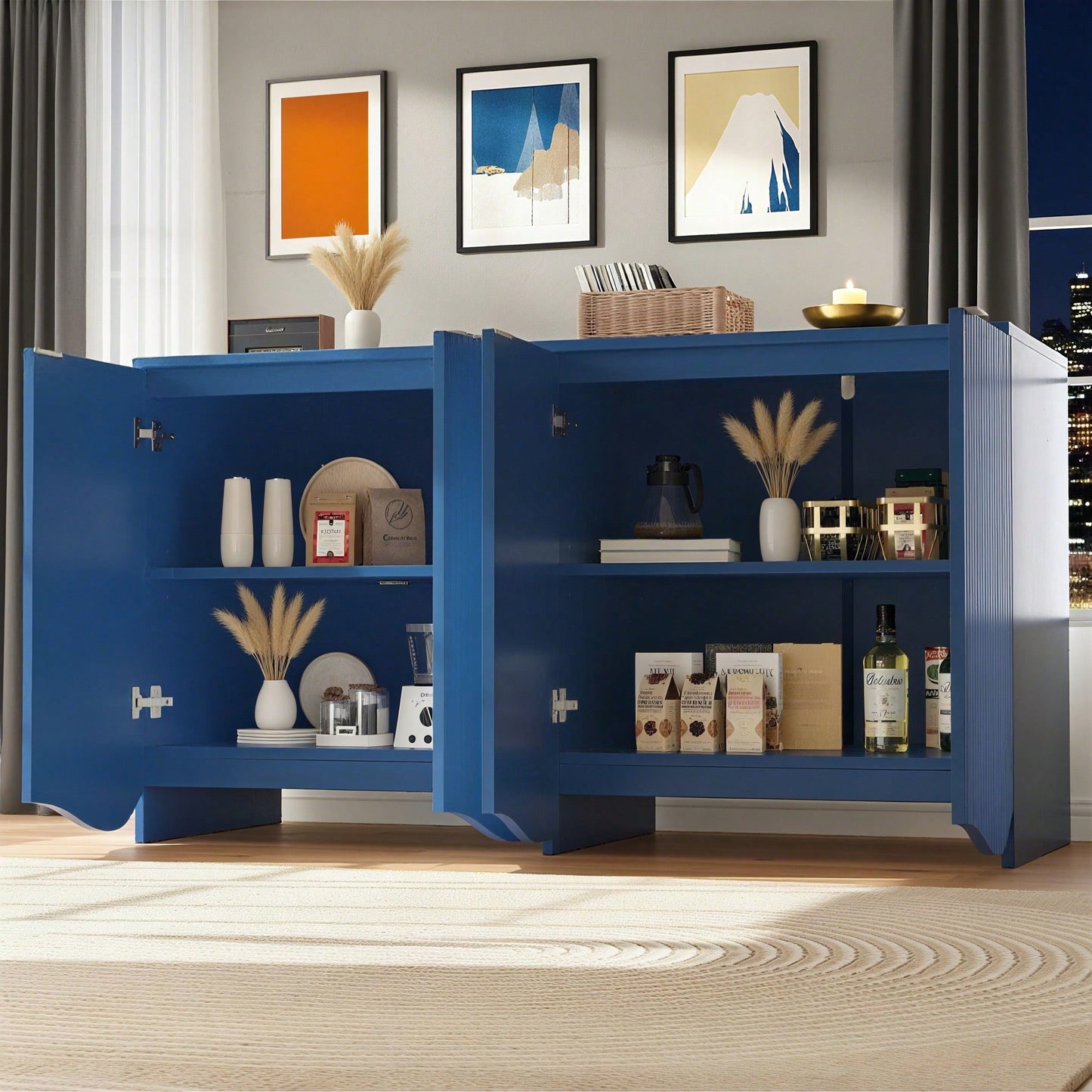 Sideboard(140*40*85cm), buffetschrank, cabinets, Esszimmer Wohnzimmer Aufbewahrungsschränke, Gemusterte Schränke, Freistehende Schränke, Küchenmöbel,Wellenmuster-Design, Blau