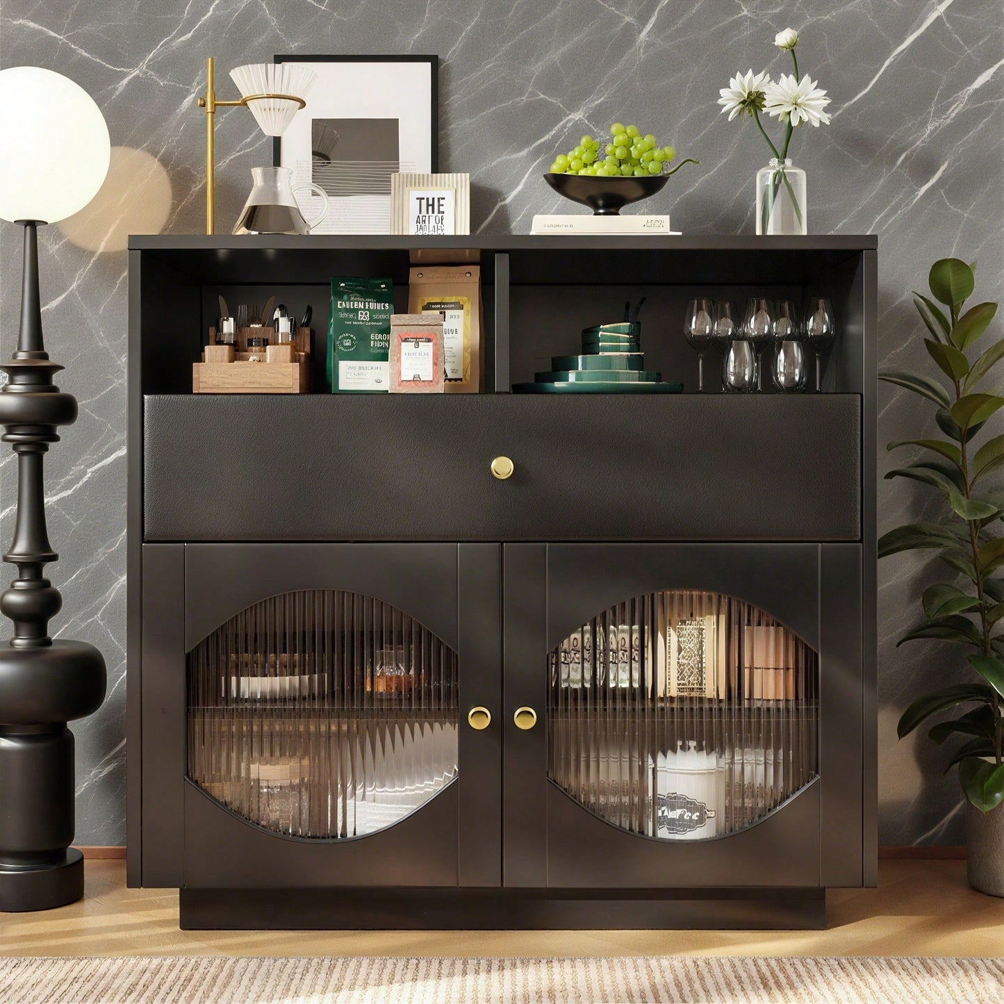 Küchenschrank, Sideboard mit Glastüren, Aufbewahrungsschrank, Buffetschrank für Küche, Esszimmer und Wohnzimmer, Modernes schwarzes Sideboard, 100*40*90.5cm