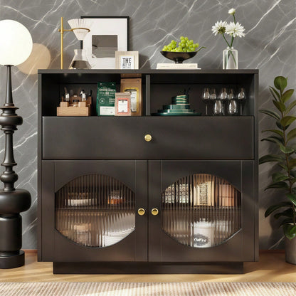 Küchenschrank, Sideboard mit Glastüren, Aufbewahrungsschrank, Buffetschrank für Küche, Esszimmer und Wohnzimmer, Modernes schwarzes Sideboard, 100*40*90.5cm