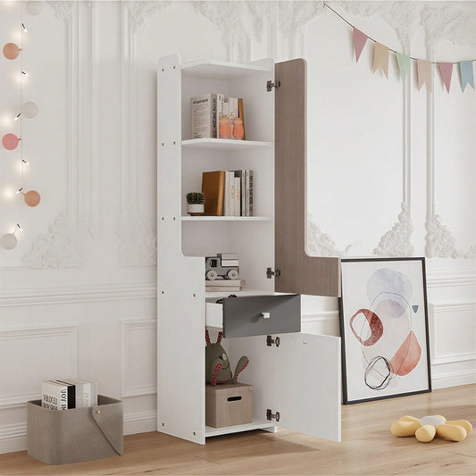 Hohes Bücherregal, Teenager-Regal mit L-förmigen Tür, mit Schublade, Aufbewahrungsschränke, Türen mit Scharnieren, mit quadratische Metallknöpfe, MDF, Weiß + helle Ulmefarbe + Grau