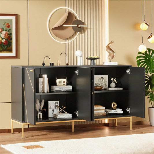 Sideboard mit vier Türen, Metallfüßen, TV-Schrank, Kleiderschrank, geradliniges Design mit Metalllinien-Dekor, Schwarz+Golden, Maße: H 80cm / B 150 cm / T 40 cm