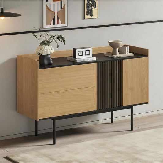 Moderne Minimalistische Sideboard mit 2 Schubladen und verstellbarem Regal, ideal für Wohnzimmer und Esszimmer (Naturholz+Schwarz)