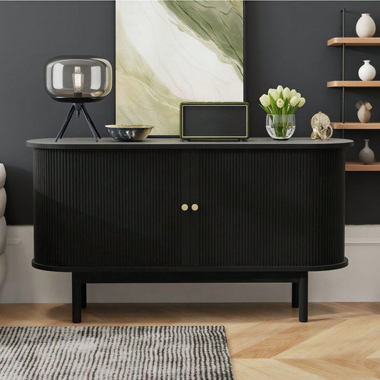 Retro Modernes Holz Sideboard, Lamellen Schrank Sideboard mit Schiebetüren und Kiefernholzbeinen, 138cm Schrank mit verstellbaren Einlegeböden fur Esszimmer, Küche, Flur, Schwarz