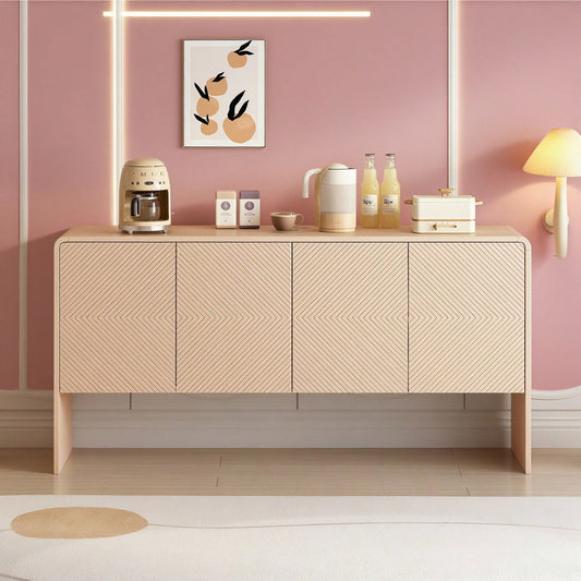 Minimalistischer Stil Großer Stauraum Sideboard mit 4 Türen und Rückstoßvorrichtung für Wohnzimmer und Eingangsbereich (Aprikosencreme)