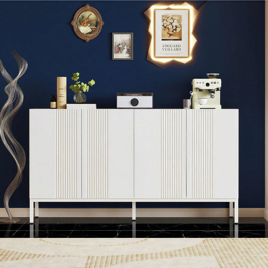 Modernes Sideboard mit einzigartiger Linie, 4-türig, grifflose Tür, für Esszimmer, Wohnzimmer und Küche (Weiß)