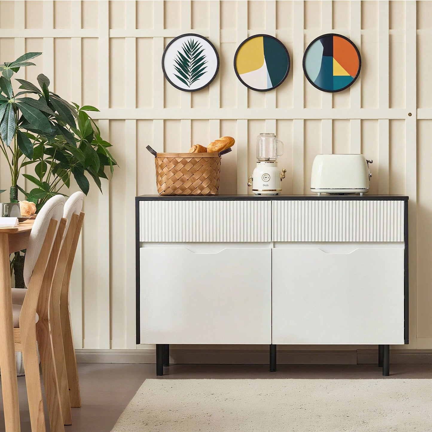 Aufbewahrungsschrank 120cm mit geriffelten Schubladen, schwarz-weißes Design, verstellbare Einlegeböden, 2 Türen, Sideboard-Buffet, Schrank-Organisator für Küche, Wohnzimmer, Esszimmer