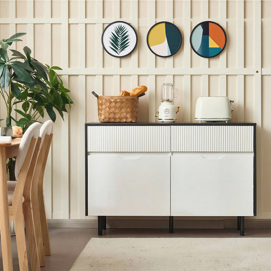 Aufbewahrungsschrank 120cm mit geriffelten Schubladen, schwarz-weißes Design, verstellbare Einlegeböden, 2 Türen, Sideboard-Buffet, Schrank-Organisator für Küche, Wohnzimmer, Esszimmer