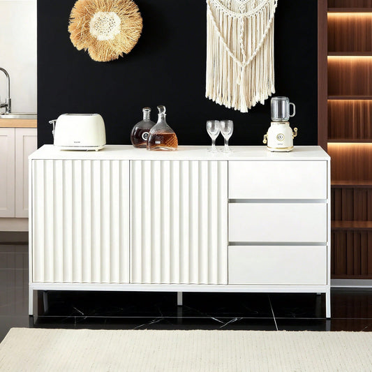 1.5m weißes modernes minimalistisches Sideboard, Aufbewahrungsschrank, Wellenmuster-Design, verstellbare Einlegeböden, 3 Schubladen, geeignet für Küche, Wohnzimmer, Korridor und andere Multi-Szene