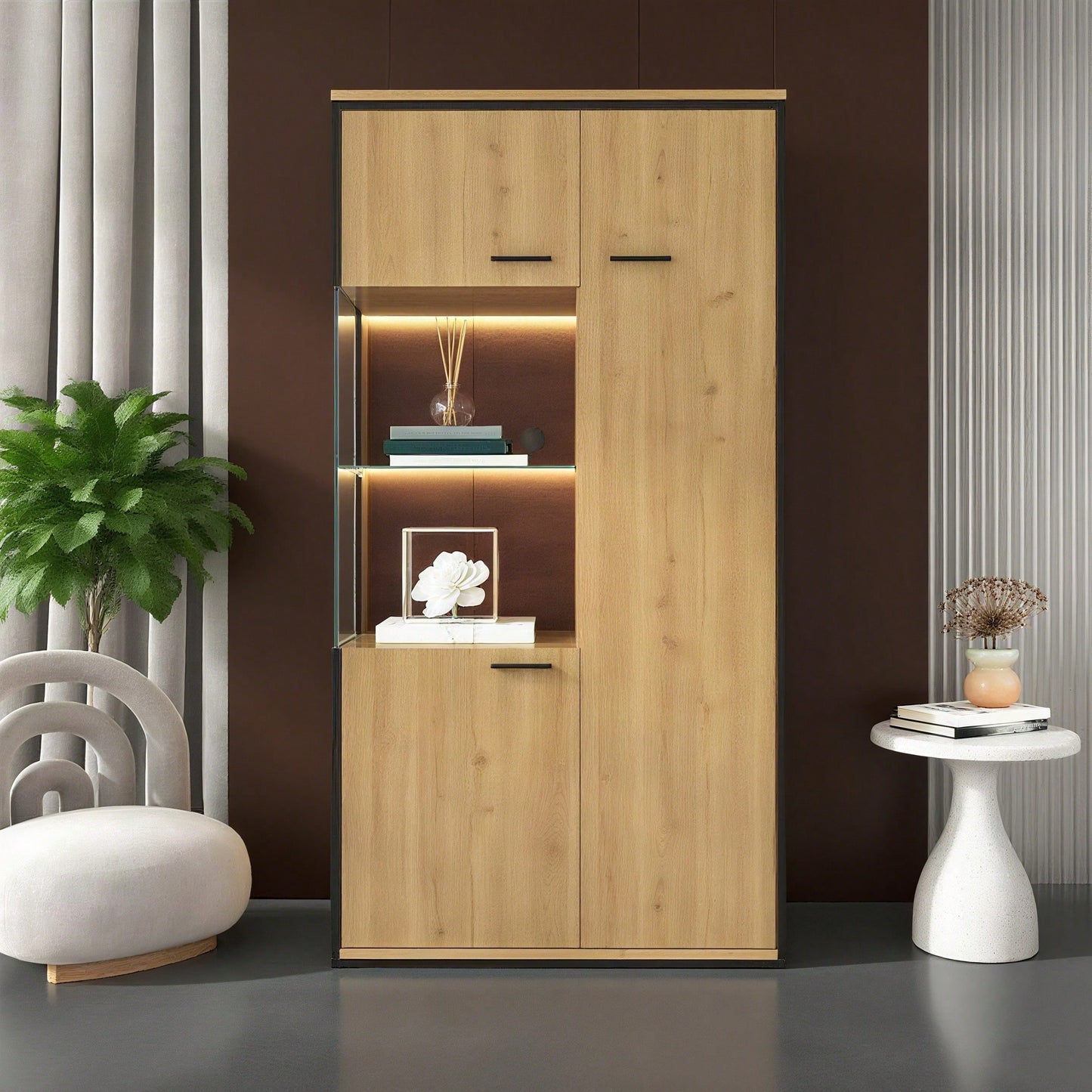 Moderne Vitrine mit LED-Beleuchtung - 150Hcm - Glastür, Mehrzweckregale, 15 Farboptionen, Großer Stauraum, Glasboden, Schaukasten, Präsentationsmöbel, Schrank mit Beleuchtung,Möbel mit Glastür