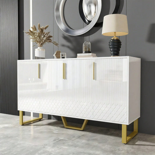 Hochglanz-Sideboard, 4 Türen, Metallgriffe und -beine, geometrisches Design in Weiß, 140L*40B*80H