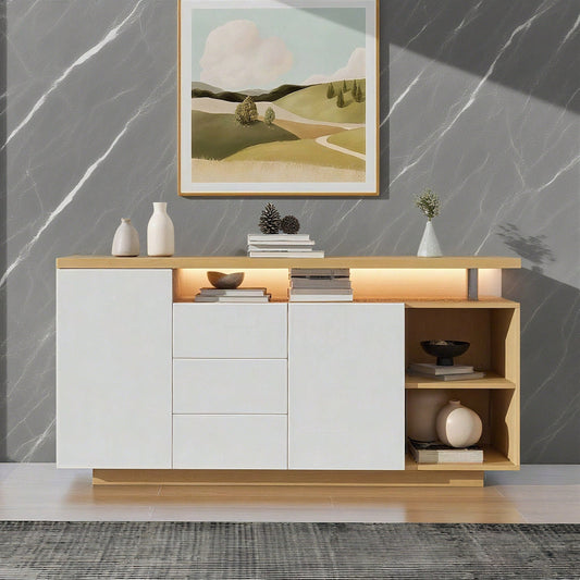 Multifunktionales Sideboard, Länge 140 cm, weiß und Holzimitat - 2 Türen, 3 Schubladen, 2 offene Fächer, mit LED-Beleuchtung