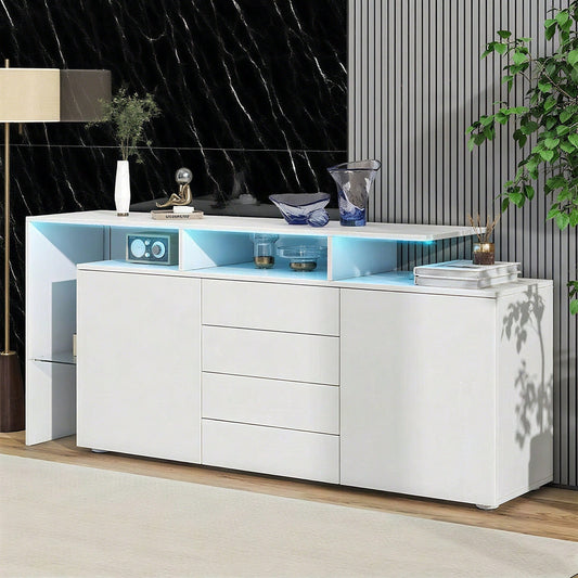 Kommode, Sideboard mit LED, Wohnzimmermöbel in Weiß Hochglanz, Wohnzimmerschrank, Standschrank, TV-Schrank, Wohnzimmerwand, Highboard, Mehrzweckschrank, LED-Vitrine, Buffetschrank Esszimmer