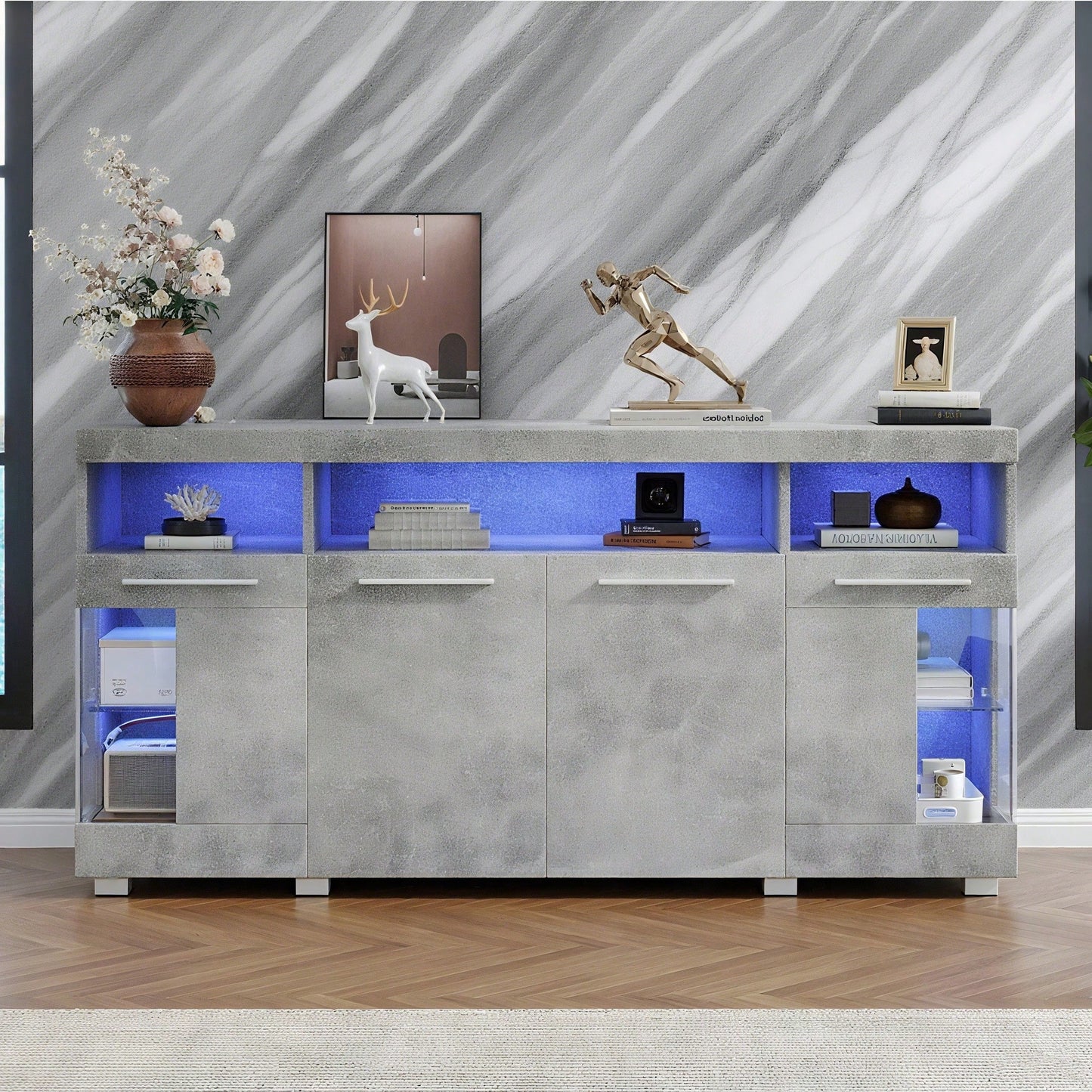 140*40*70cm Zementfarbener Beistelltisch, Wohnzimmer Hochglanz Seitenschrank mit LED Licht, breites Sideboard, Seitenschrank aus gehärtetem Glas mit 3 Fächern