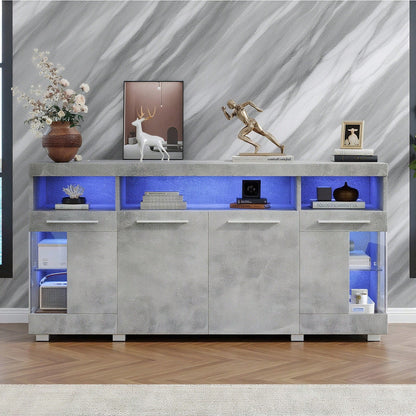 140*40*70cm Zementfarbener Beistelltisch, Wohnzimmer Hochglanz Seitenschrank mit LED Licht, breites Sideboard, Seitenschrank aus gehärtetem Glas mit 3 Fächern