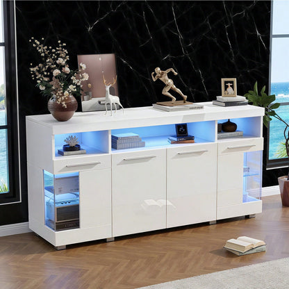 140*40*70cm Zementfarbener Beistelltisch, Wohnzimmer Hochglanz Seitenschrank mit LED Licht, breites Sideboard, Seitenschrank aus gehärtetem Glas mit 3 Fächern