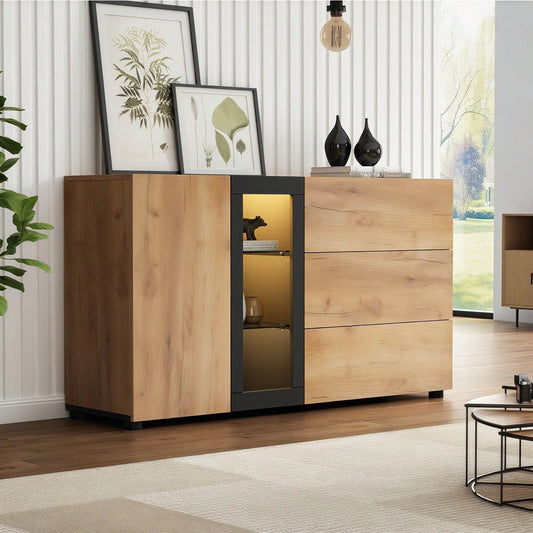 Sideboard, Modernes Anrichte Schrank Buffetschrank Sideboard mit 3 Schubladen,Accent Konsolentisch-Aufbewahrungsschrank mit Glas, Breite 140 cm