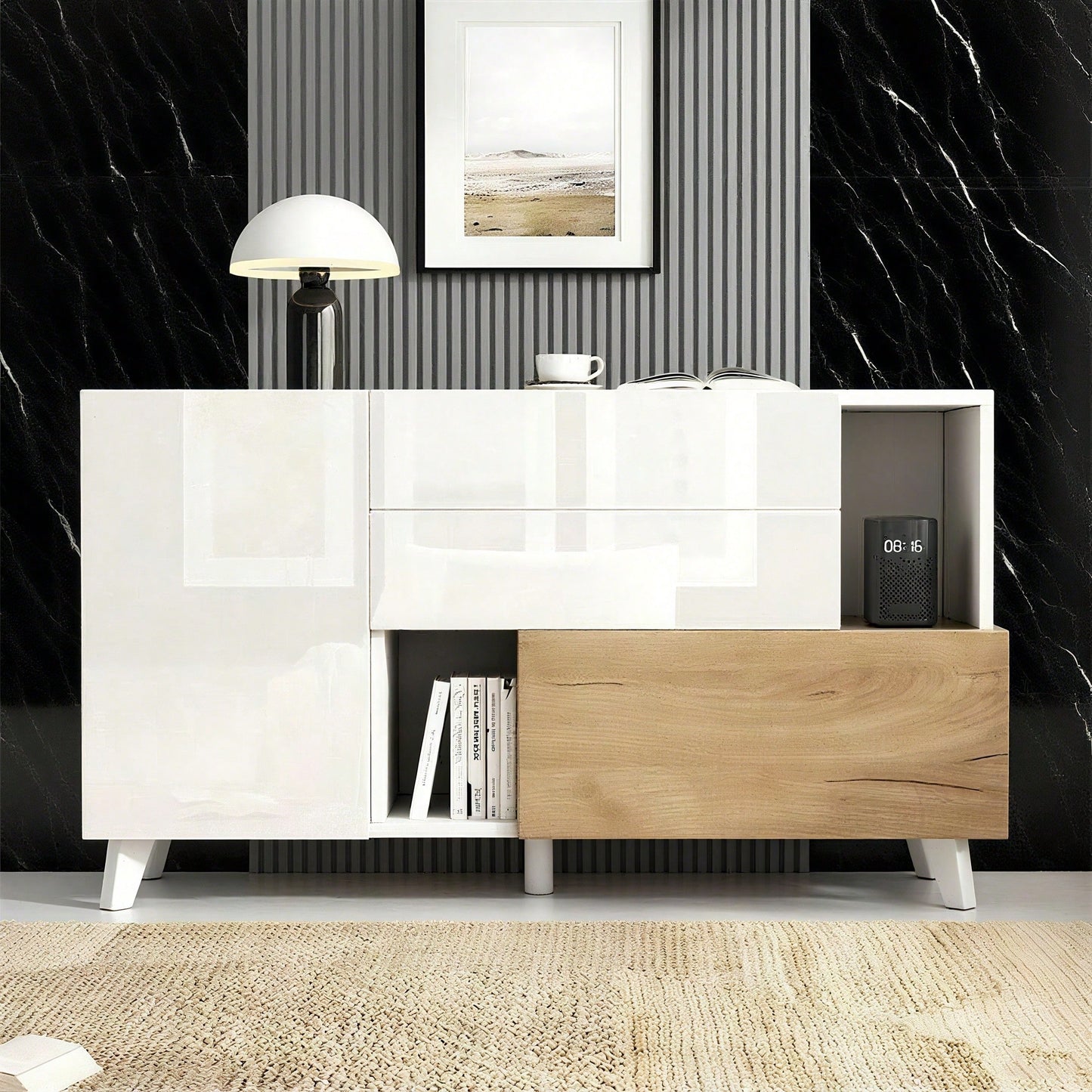 Hochglänzendes weißes original holzfarbenes Sideboard mit Stauraum, Ess-Sideboard mit Stauraum, moderner Wohnzimmerschrank