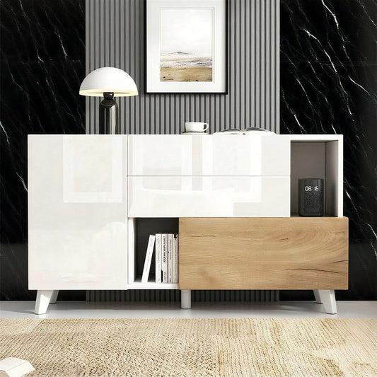 Hochglänzendes weißes original holzfarbenes Sideboard mit Stauraum, Ess-Sideboard mit Stauraum, moderner Wohnzimmerschrank