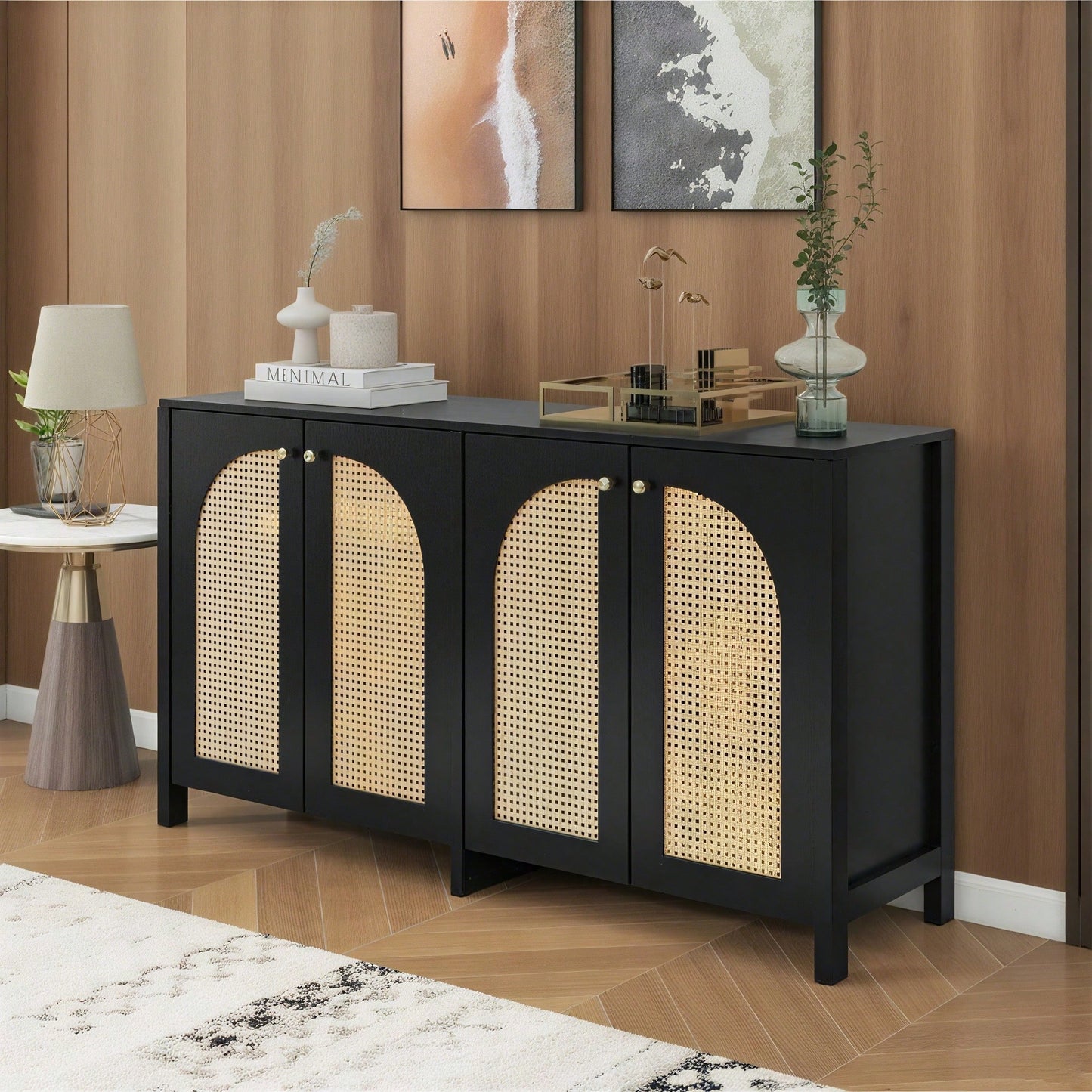 Modernes Sideboard im minimalistischen Stil 4-Rattantür, Metallgriff einfaches Buffetschrank für Esszimmer, Wohnzimmer, Küche (Naturholz)