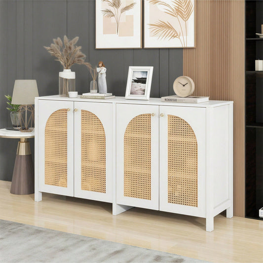 Modernes Sideboard im minimalistischen Stil 4-Rattantür, Metallgriff einfaches Buffetschrank für Esszimmer, Wohnzimmer, Küche (Naturholz)