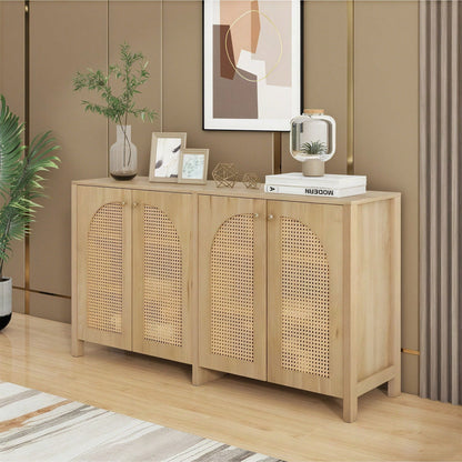 Modernes Sideboard im minimalistischen Stil 4-Rattantür, Metallgriff einfaches Buffetschrank für Esszimmer, Wohnzimmer, Küche (Naturholz)