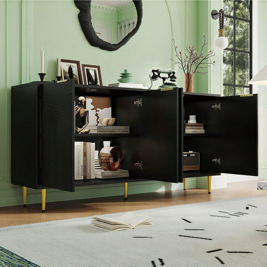 Schwarzes Sideboard mit Goldakzenten – Moderne Kommode mit 4 Türen, gebürsteten Griffen & Hochglanzbeinen (160*80*40 cm) – Eleganter Wohntresor fürs Wohnzimmer