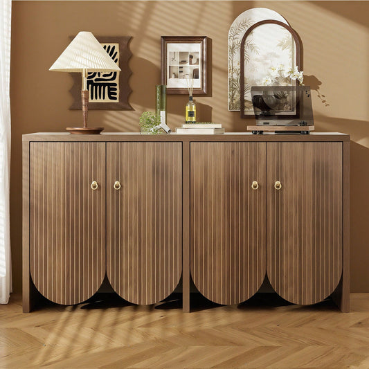 Elegantes Sideboard 147*40*80 cm in Walnussoptik - 4 Türen mit Aluminiumgriffen & verstellbaren Einlegeböden - Stilvoller Aufbewahrungsschrank für Wohnzimmer, Esszimmer & Flur