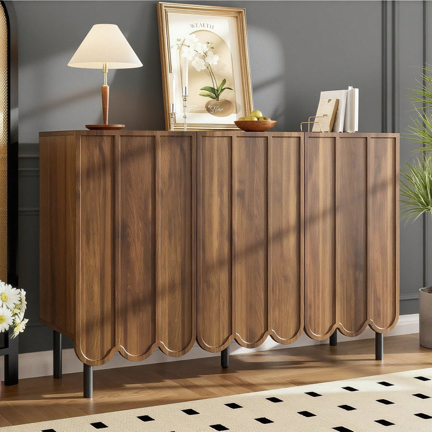 Weißes Sideboard modern mit Wellentüren – 120x35x80 cm – Grifflos, verstellbare Regale & großer Stauraum – Für Wohnzimmer, Flur, Esszimmer