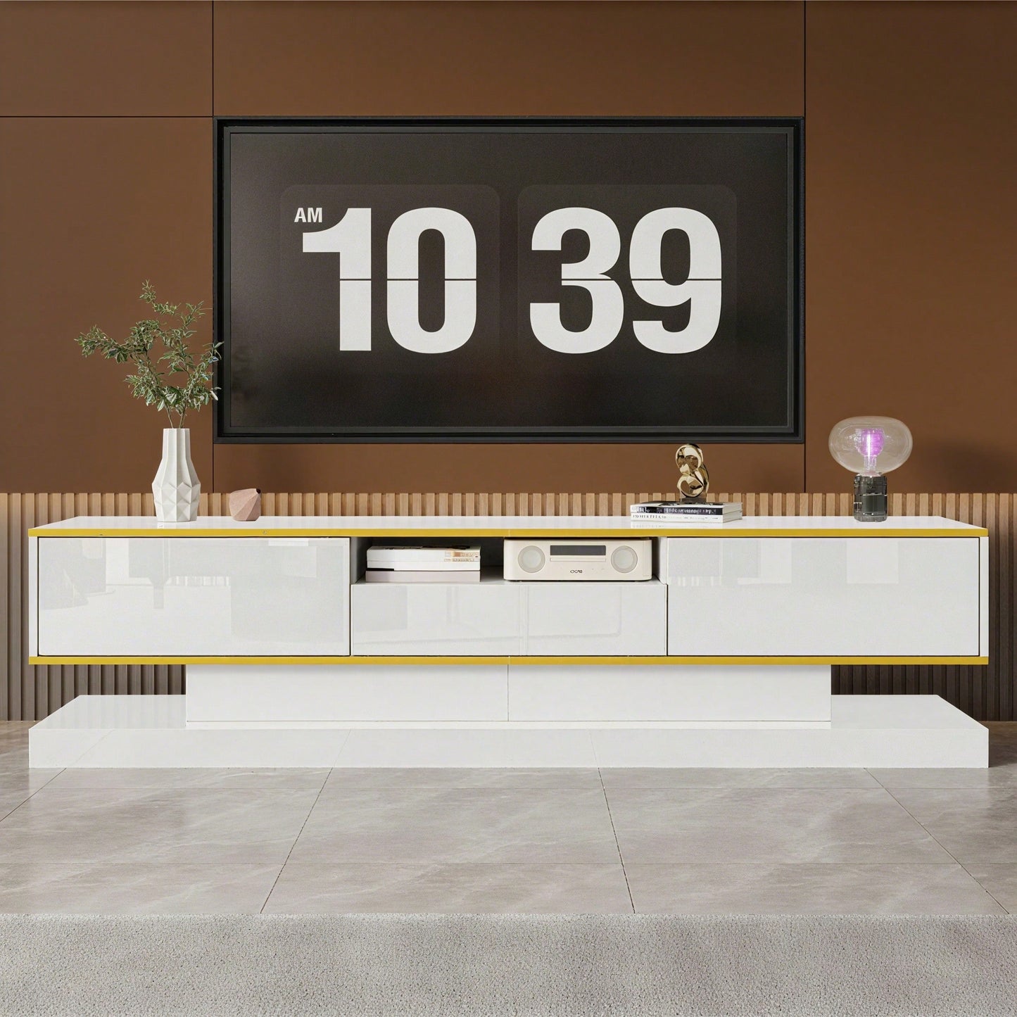 Moderner TV-Schrank mit drei Schubladen und einem offenen Fach - Hochglanz mit farbwechselnden LED-Leuchten, 180*38*45cm
