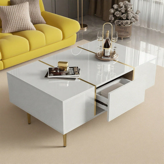 Weißer Couchtisch mit Hochglanz, modern und schlicht, mit 2 Schubladen