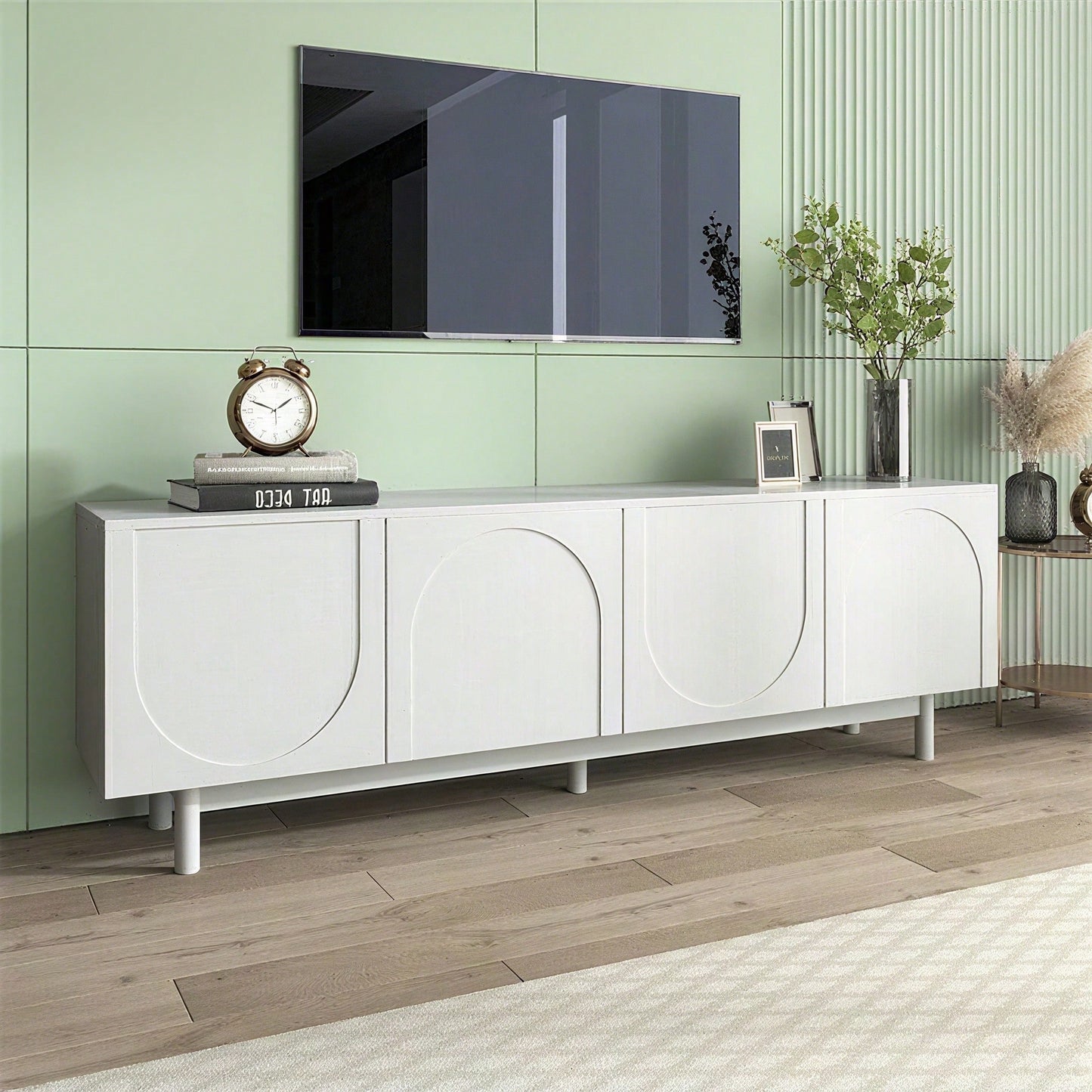 Moderner weiß TV-Schrank – 175 x 38 x 56 cm, verstellbare Einlegeplatten, Leichte Lowboard-TV-Möbel im Luxusstil