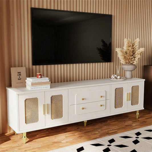 Lowboard, TV-Möbel im Retro-Stil: goldene Griffe, viel Stauraum. Mit Glastür und Beinen aus Massivholz
