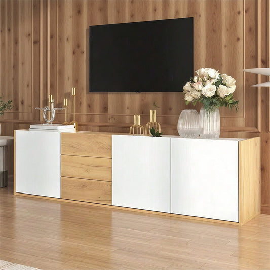 TV-Schrank, niedriges Paneel in Weiß und Holzfarben, TV-Möbel, die an die Wand gehängt oder auf den Boden gestellt werden können