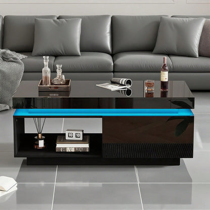 Moderner Hochglanz-Couchtisch mit LED-Beleuchtung, 100x50x40,3 cm – Eleganter Tisch mit Schublade und 50 kg Tragkraft
