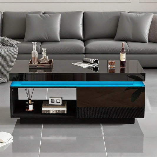 Moderner Hochglanz-Couchtisch mit LED-Beleuchtung, 100x50x40,3 cm – Eleganter Tisch mit Schublade und 50 kg Tragkraft
